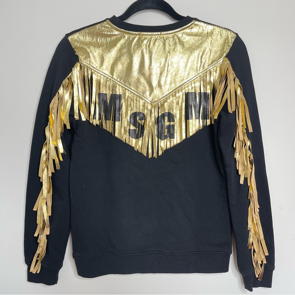 MSGM kids Black Thick Cotton Crewneck Sweatshirt Western Gold Yoked Fringe